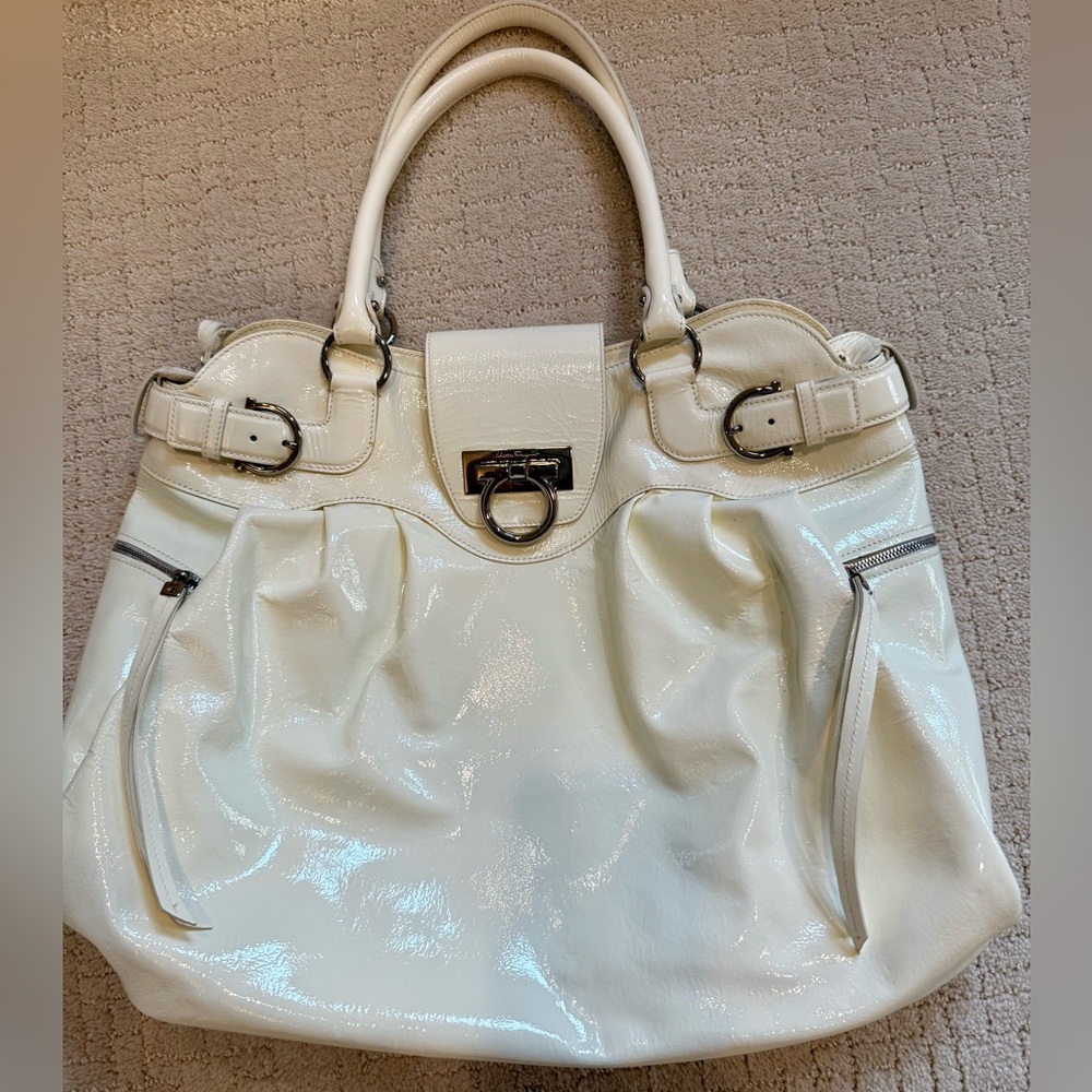 Ferragamo white patent handbag